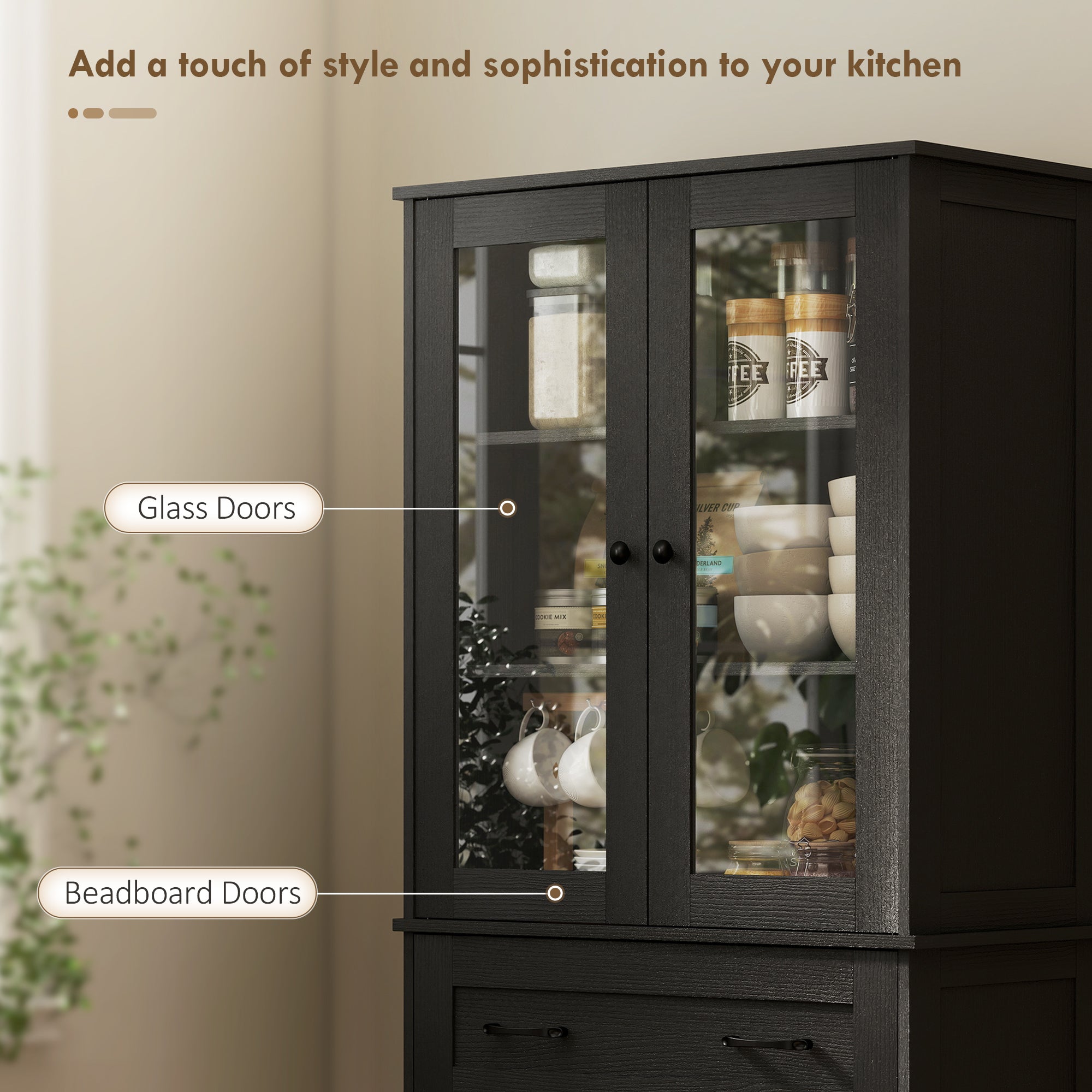 Tall Kitchen Cabinet Buffet with 2 Compartments, Acrylic Doors, Adjustable Shelf and Drawer, Pantry Cabinet for Kitchen/Living/Dining, Black, 76 x 40 x 182.5 cm (30 x 15.7 x 71.9 in)