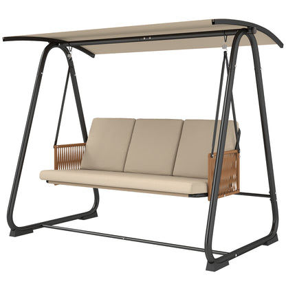 3-Seater Hollywood-Style Garden Swing with Adjustable Canopy, Removable Breathable Seat Cushion, Rattan Arms — UV30+ Protection, 794 lb Capacity, Sand