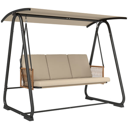 3-Seater Hollywood-Style Garden Swing with Adjustable Canopy, Removable Breathable Seat Cushion, Rattan Arms — UV30+ Protection, 794 lb Capacity, Sand