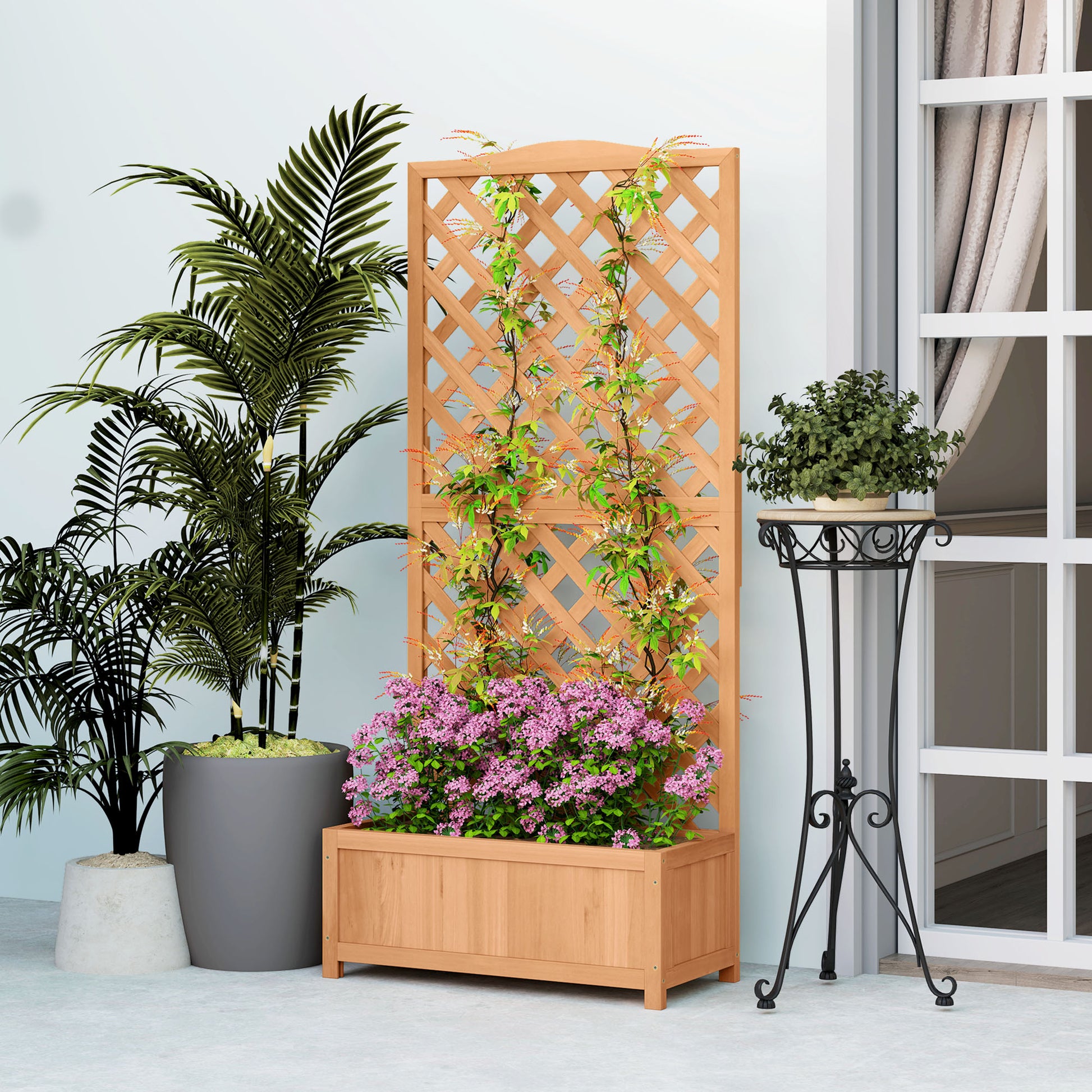 Raised Garden Bed with Trellis, Outdoor Planter with Trellis for Climbing Plants in Fir Wood, for Flowers and Vegetables, for Garden and Balcony, 76x36x170 cm, Brown