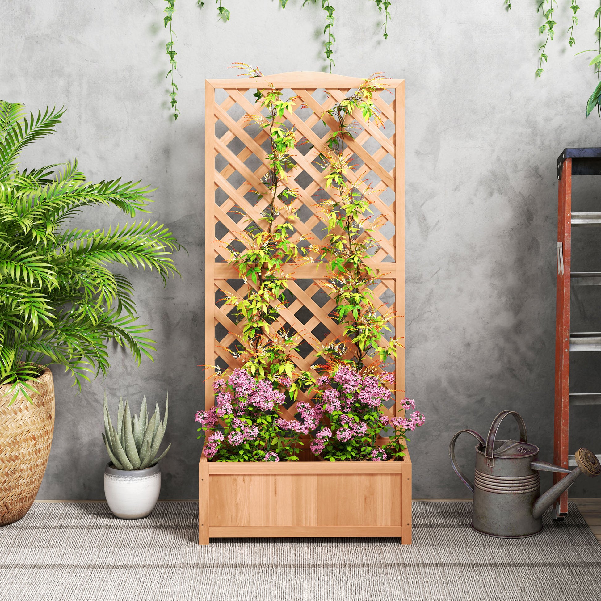 Raised Garden Bed with Trellis, Outdoor Planter with Trellis for Climbing Plants in Fir Wood, for Flowers and Vegetables, for Garden and Balcony, 76x36x170 cm, Brown