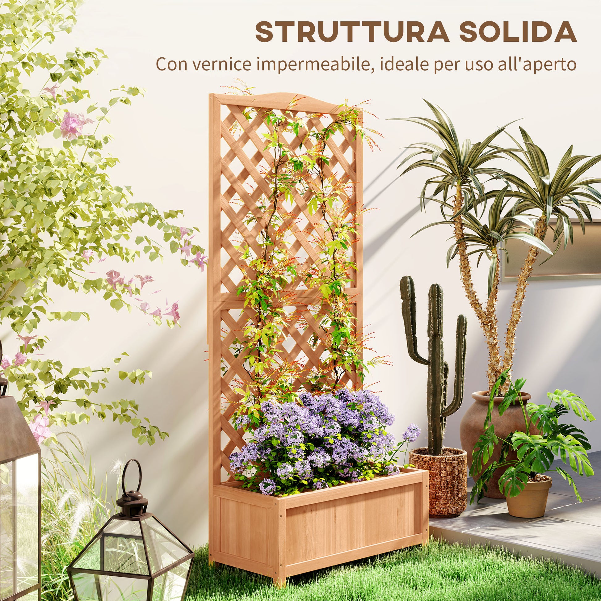 Raised Garden Bed with Trellis, Outdoor Planter with Trellis for Climbing Plants in Fir Wood, for Flowers and Vegetables, for Garden and Balcony, 76x36x170 cm, Brown