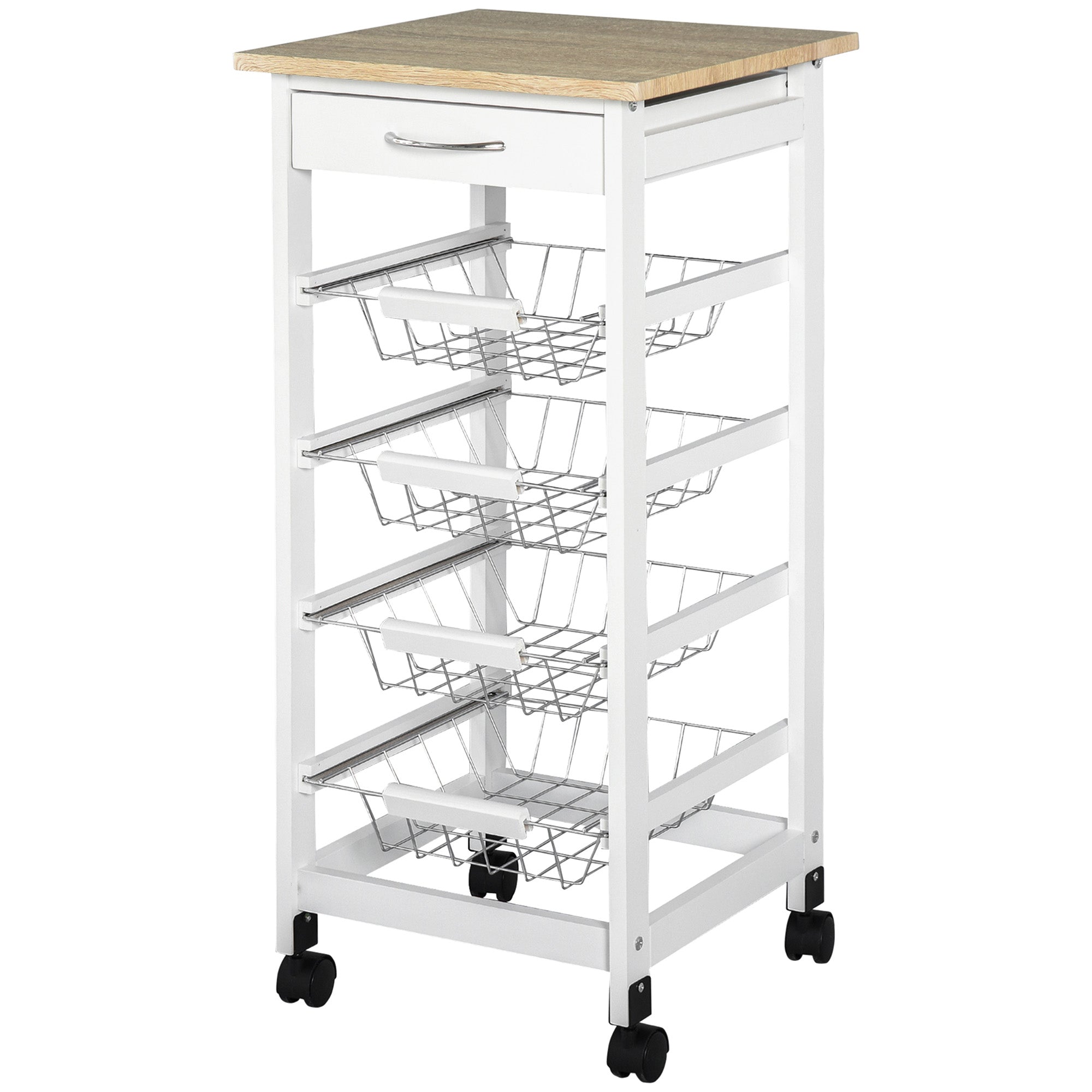 Kitchen Trolley with Wheels, Serving Cart, 4 Metal Baskets + Drawer, Kitchen Trolley, Pine Wood Frame, Small Space, Kitchen, Bathroom, Living Room, Office, White