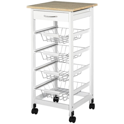 Kitchen Trolley with Wheels, Serving Cart, 4 Metal Baskets + Drawer, Kitchen Trolley, Pine Wood Frame, Small Space, Kitchen, Bathroom, Living Room, Office, White