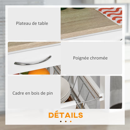 Kitchen Trolley with Wheels, Serving Cart, 4 Metal Baskets + Drawer, Kitchen Trolley, Pine Wood Frame, Small Space, Kitchen, Bathroom, Living Room, Office, White