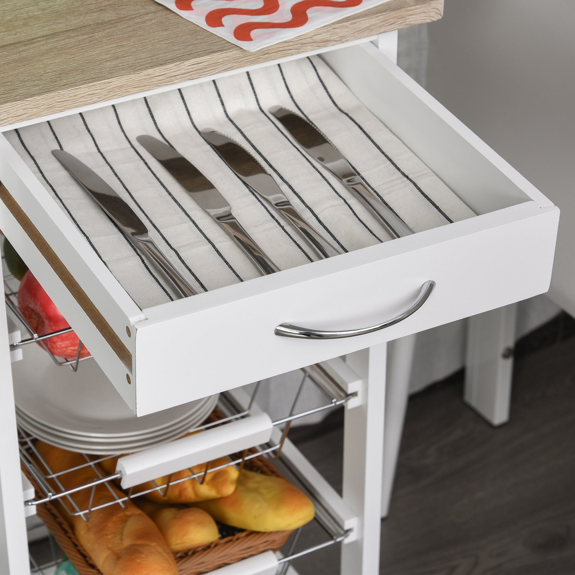 Kitchen Trolley with Wheels, Serving Cart, 4 Metal Baskets + Drawer, Kitchen Trolley, Pine Wood Frame, Small Space, Kitchen, Bathroom, Living Room, Office, White