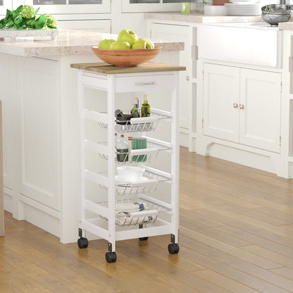 Kitchen Trolley with Wheels, Serving Cart, 4 Metal Baskets + Drawer, Kitchen Trolley, Pine Wood Frame, Small Space, Kitchen, Bathroom, Living Room, Office, White