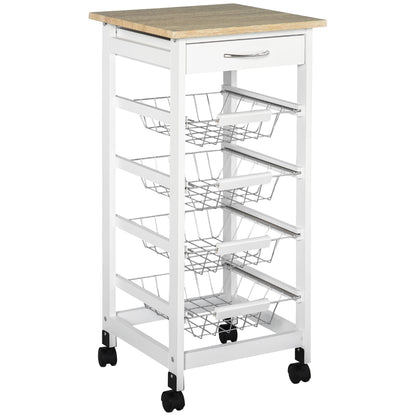 Kitchen Trolley with Wheels, Serving Cart, 4 Metal Baskets + Drawer, Kitchen Trolley, Pine Wood Frame, Small Space, Kitchen, Bathroom, Living Room, Office, White