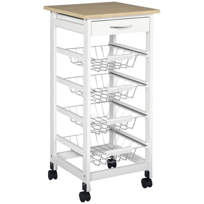 Kitchen Trolley with Wheels, Serving Cart, 4 Metal Baskets + Drawer, Kitchen Trolley, Pine Wood Frame, Small Space, Kitchen, Bathroom, Living Room, Office, White