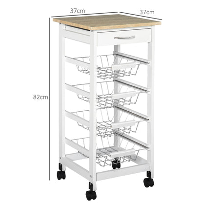 Kitchen Trolley with Wheels, Serving Cart, 4 Metal Baskets + Drawer, Kitchen Trolley, Pine Wood Frame, Small Space, Kitchen, Bathroom, Living Room, Office, White
