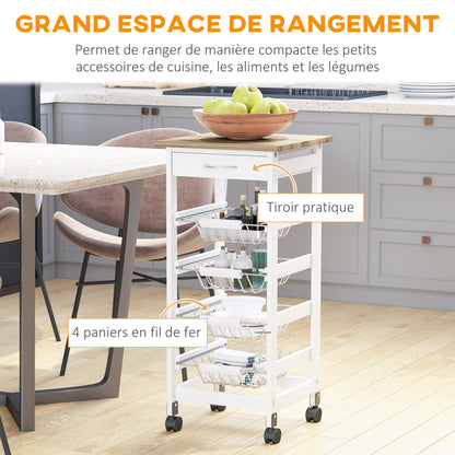 Kitchen Trolley with Wheels, Serving Cart, 4 Metal Baskets + Drawer, Kitchen Trolley, Pine Wood Frame, Small Space, Kitchen, Bathroom, Living Room, Office, White