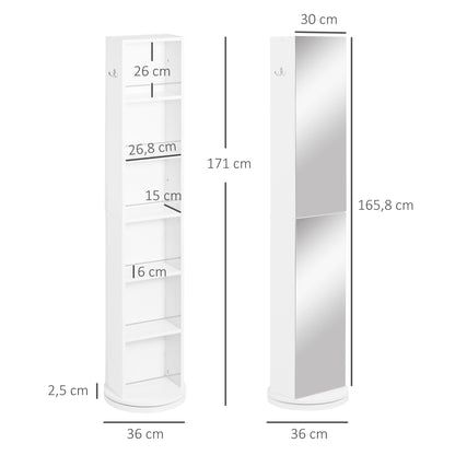 Swivel Bathroom Column Cabinet Bathroom Storage Column with Mirror - 6 Shelves - 36 x 36 x 171 cm White