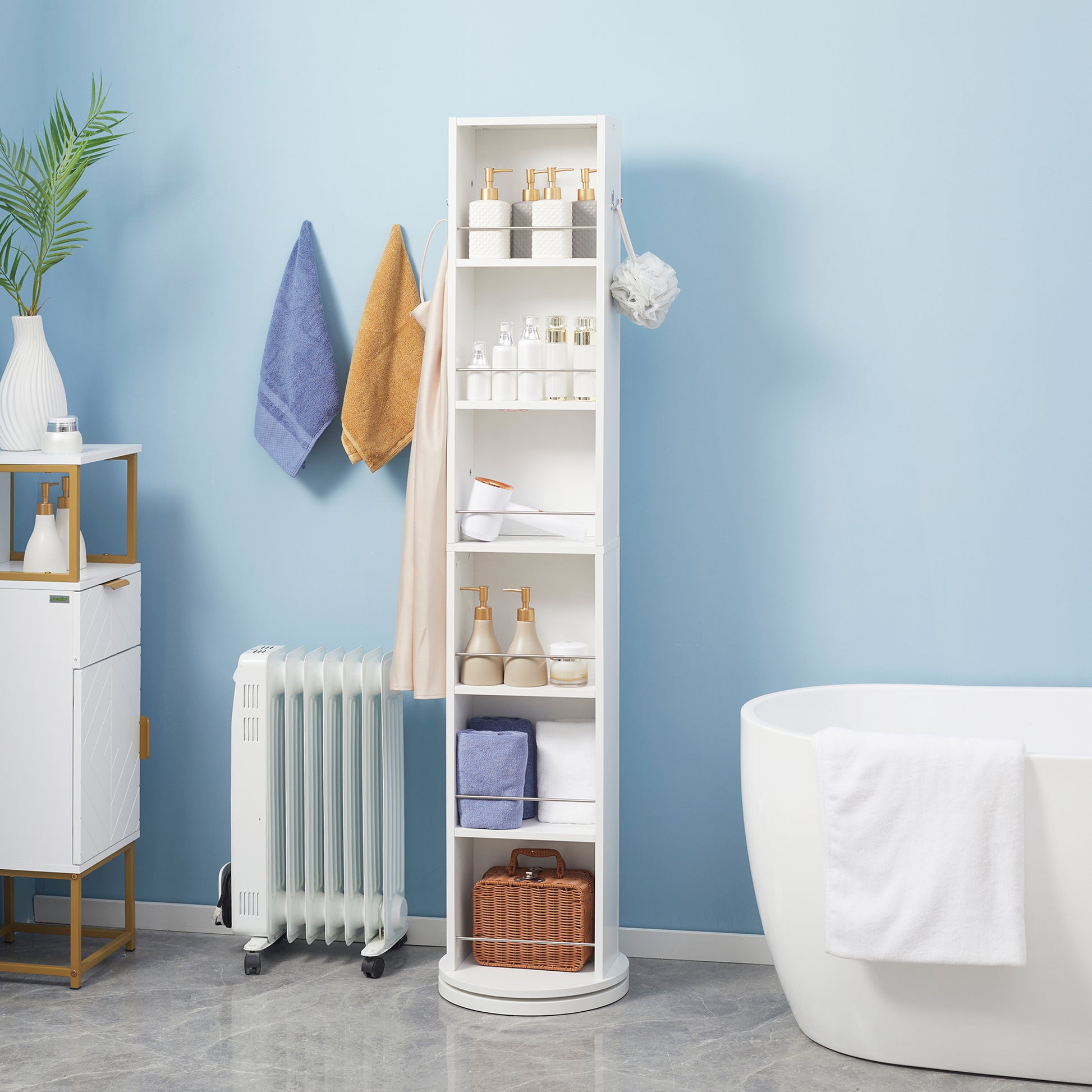 Swivel Bathroom Column Cabinet Bathroom Storage Column with Mirror - 6 Shelves - 36 x 36 x 171 cm White