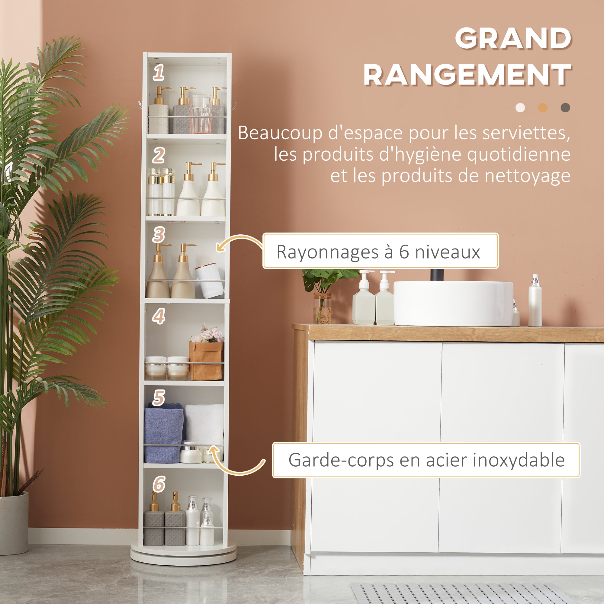 Swivel Bathroom Column Cabinet Bathroom Storage Column with Mirror - 6 Shelves - 36 x 36 x 171 cm White
