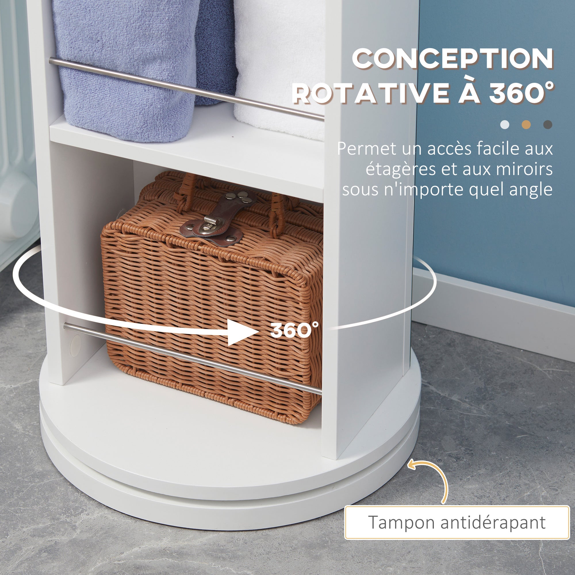 Swivel Bathroom Column Cabinet Bathroom Storage Column with Mirror - 6 Shelves - 36 x 36 x 171 cm White