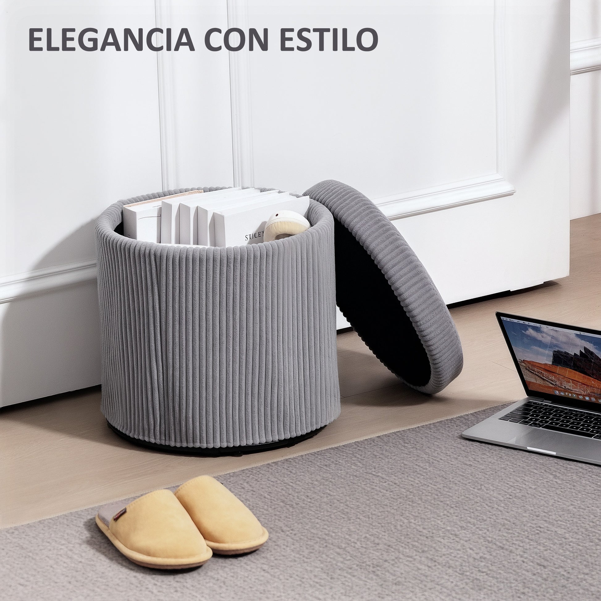 Round Storage Ottoman Upholstered in Velvet Padded Seat Removable Lid for Hallway Bedroom Living Room Ø40x41 cm Light Gray
