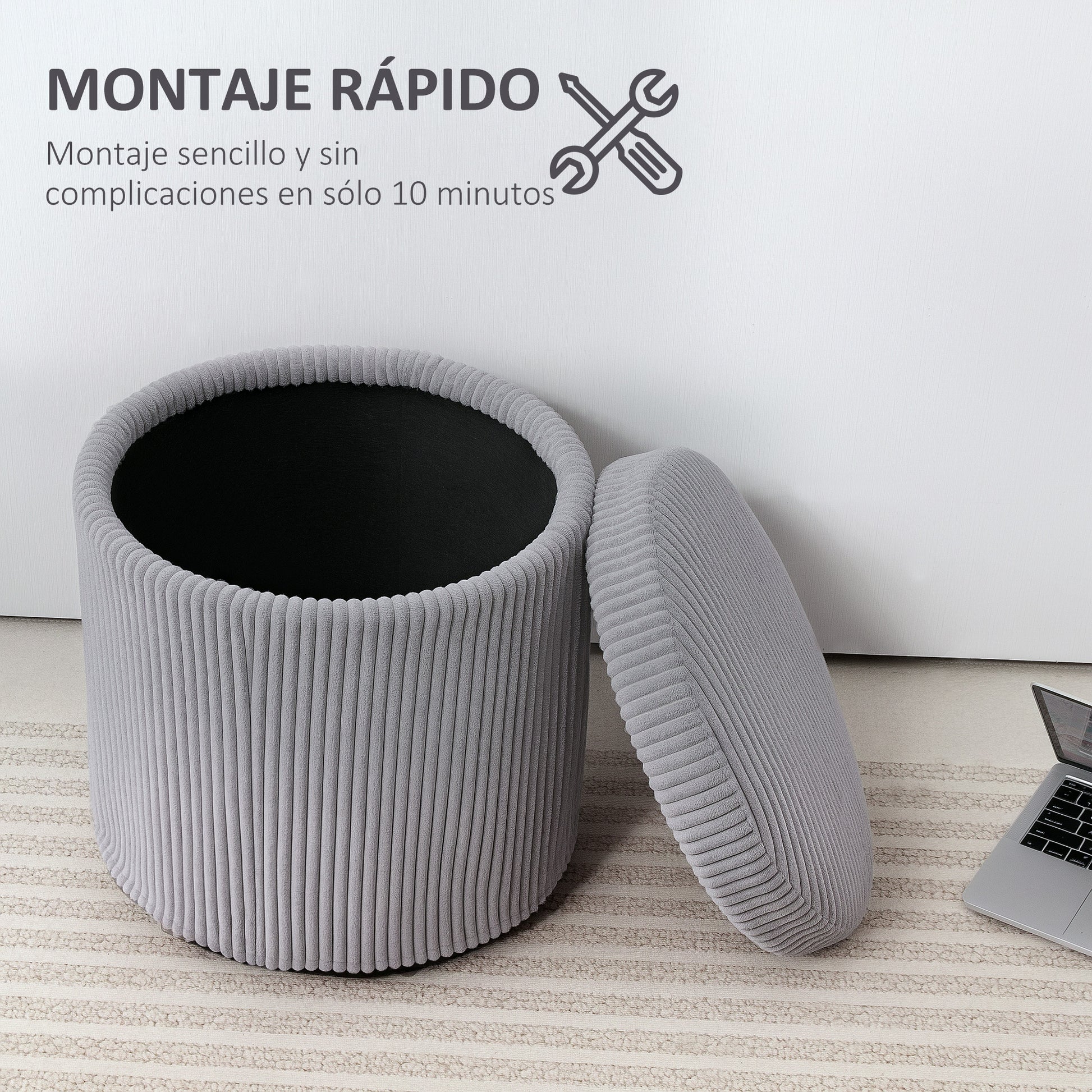 Round Storage Ottoman Upholstered in Velvet Padded Seat Removable Lid for Hallway Bedroom Living Room Ø40x41 cm Light Gray