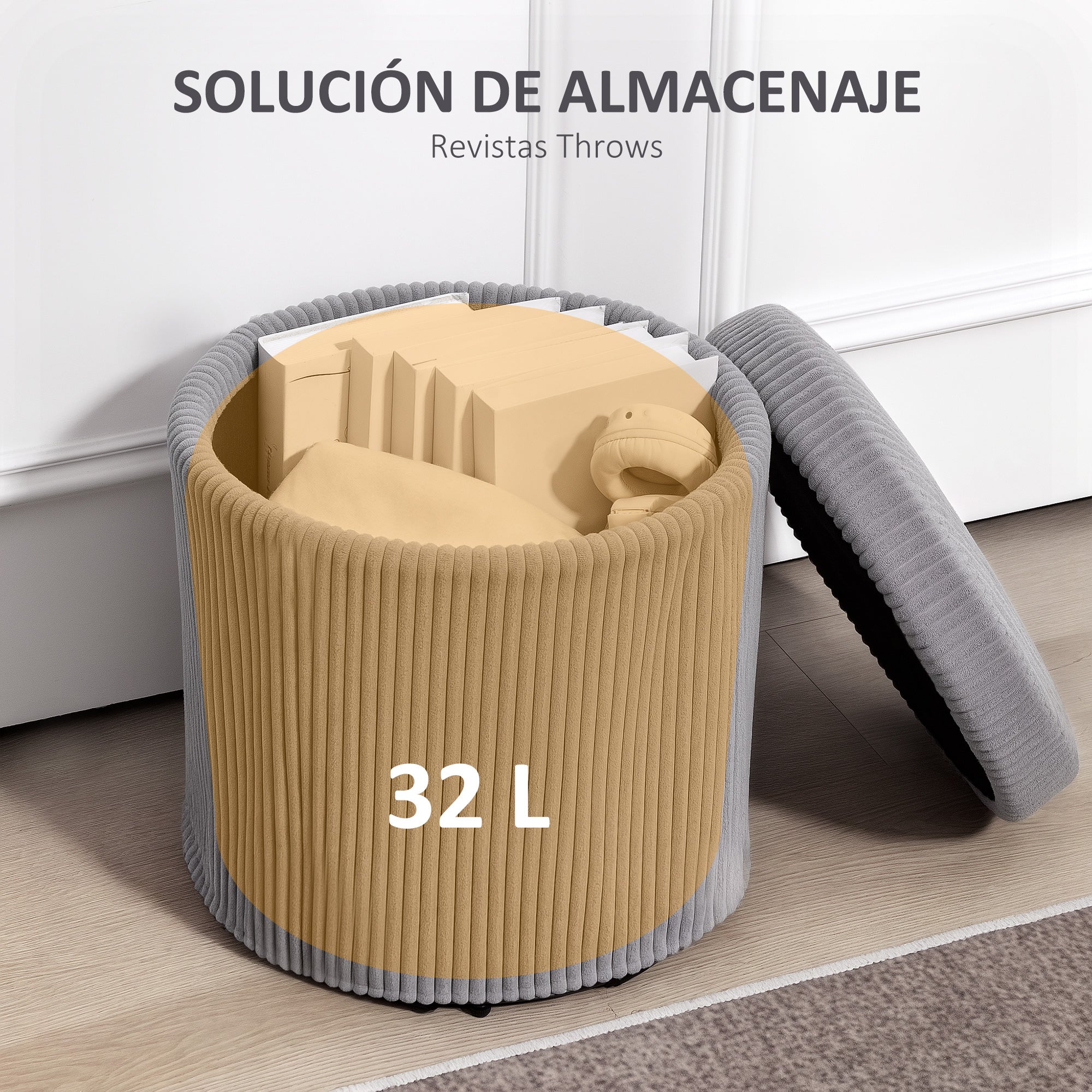 Round Storage Ottoman Upholstered in Velvet Padded Seat Removable Lid for Hallway Bedroom Living Room Ø40x41 cm Light Gray