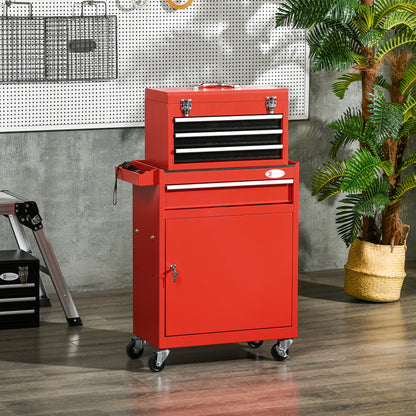 2-in-1 Tool Cart with Removable Tool Box, Cabinet with Key, and 4 Total Steel Drawers, Red