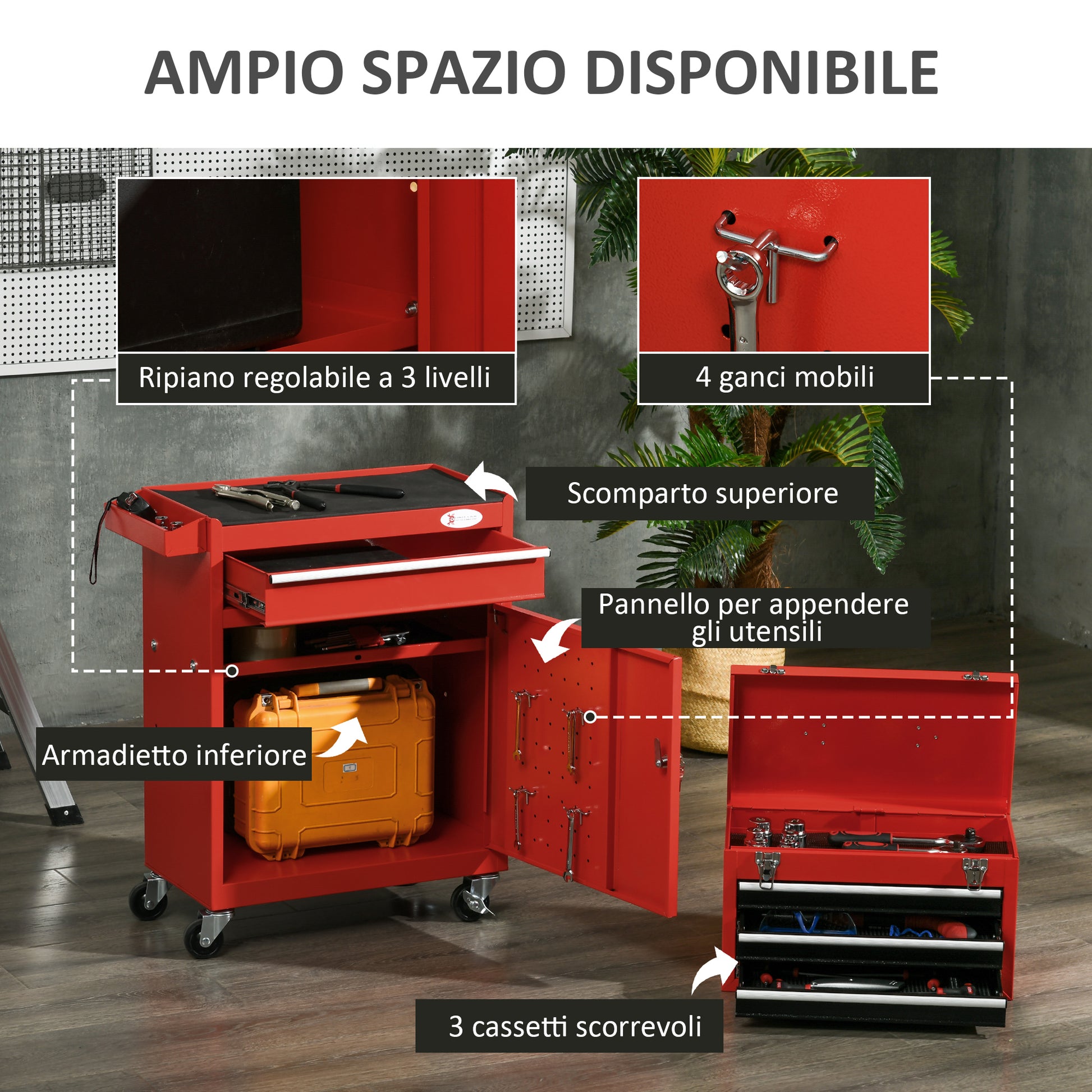 2-in-1 Tool Cart with Removable Tool Box, Cabinet with Key, and 4 Total Steel Drawers, Red