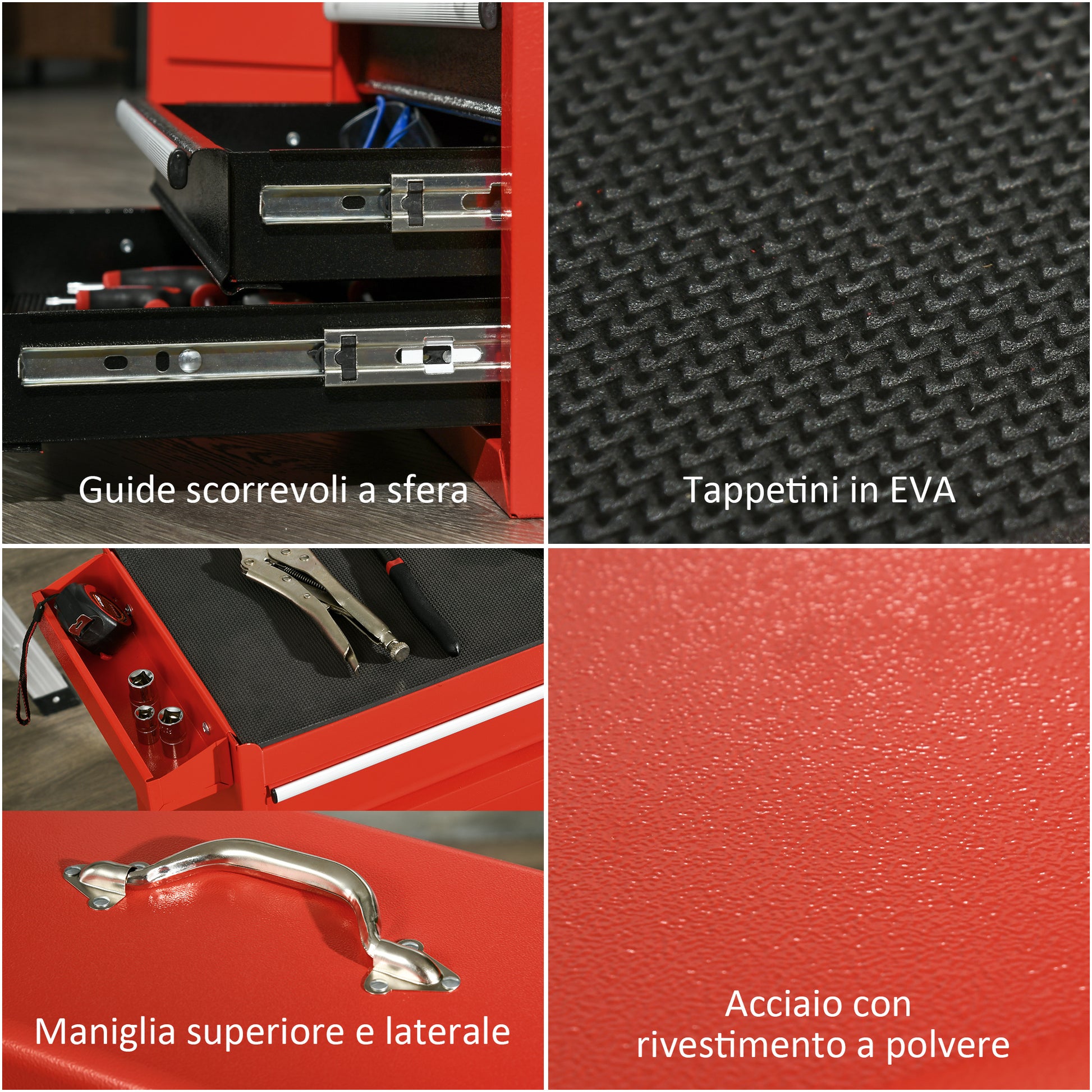 2-in-1 Tool Cart with Removable Tool Box, Cabinet with Key, and 4 Total Steel Drawers, Red