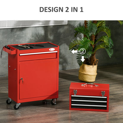 2-in-1 Tool Cart with Removable Tool Box, Cabinet with Key, and 4 Total Steel Drawers, Red