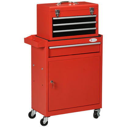 2-in-1 Tool Cart with Removable Tool Box, Cabinet with Key, and 4 Total Steel Drawers, Red