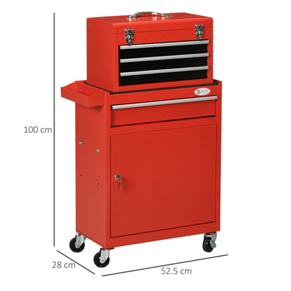 2-in-1 Tool Cart with Removable Tool Box, Cabinet with Key, and 4 Total Steel Drawers, Red