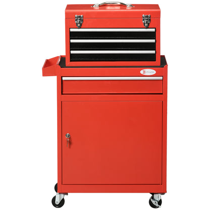 2-in-1 Tool Cart with Removable Tool Box, Cabinet with Key, and 4 Total Steel Drawers, Red