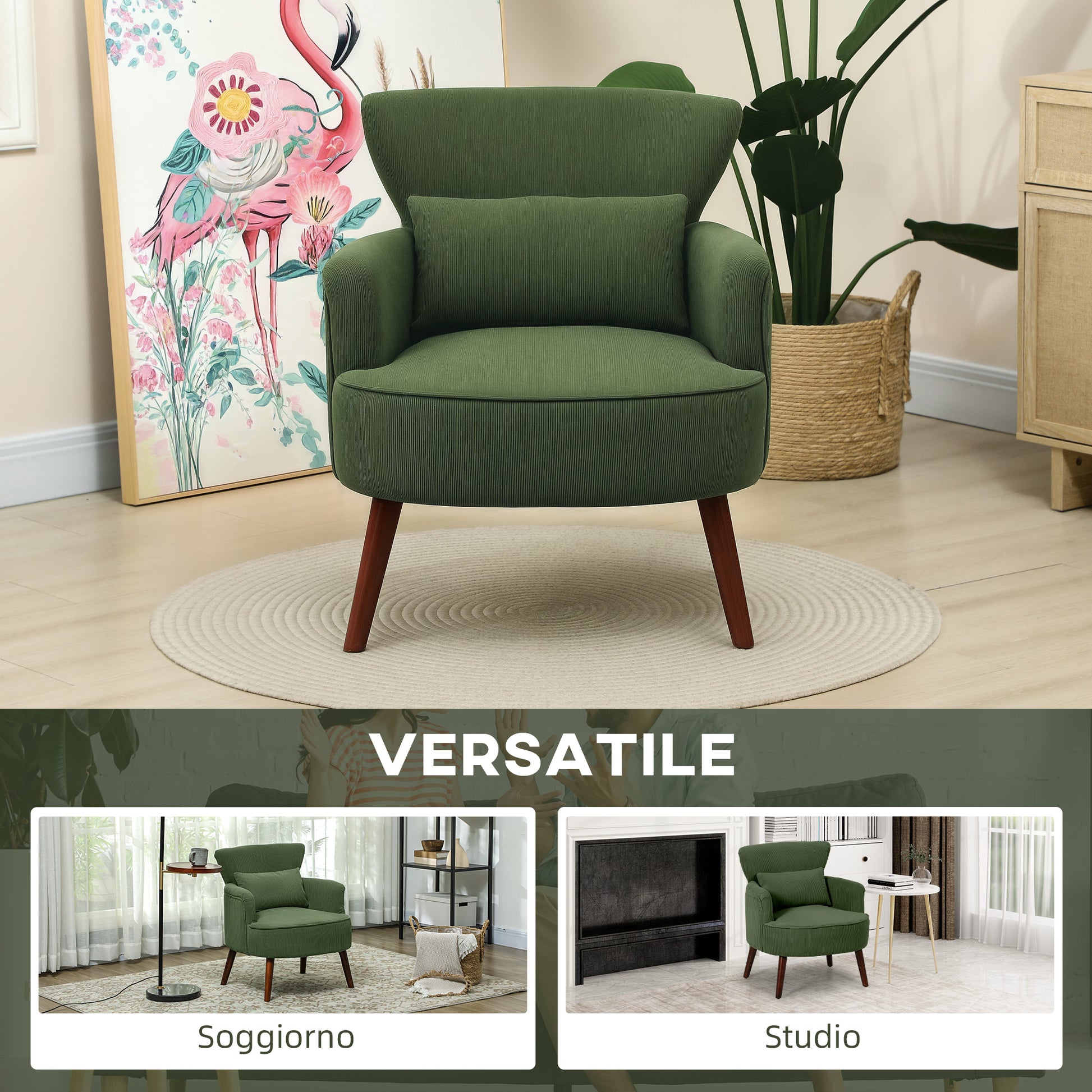 Modern Upholstered Armchair with Lumbar Pillow and Thick Seat, Velvet Armchair with Backrest and Rubberwood Legs for Living Room and Bedroom, Green