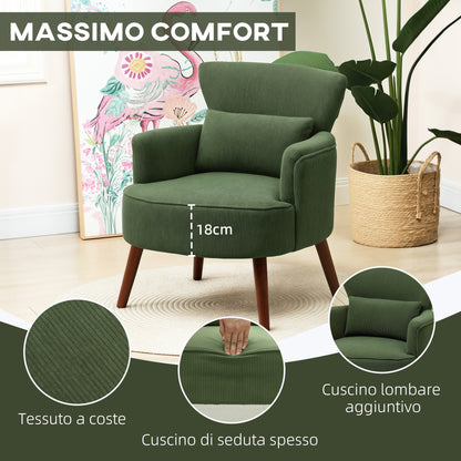 Modern Upholstered Armchair with Lumbar Pillow and Thick Seat, Velvet Armchair with Backrest and Rubberwood Legs for Living Room and Bedroom, Green