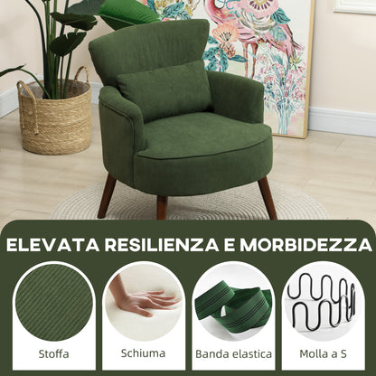 Modern Upholstered Armchair with Lumbar Pillow and Thick Seat, Velvet Armchair with Backrest and Rubberwood Legs for Living Room and Bedroom, Green