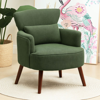 Modern Upholstered Armchair with Lumbar Pillow and Thick Seat, Velvet Armchair with Backrest and Rubberwood Legs for Living Room and Bedroom, Green