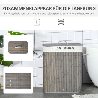 Bamboo Slim Laundry Basket with Lid 100L Laundry Collector with Handles, 2 Removable Laundry Bags, Laundry Baskets Laundry Box for Laundry Room, Bedroom, Bathroom Gray