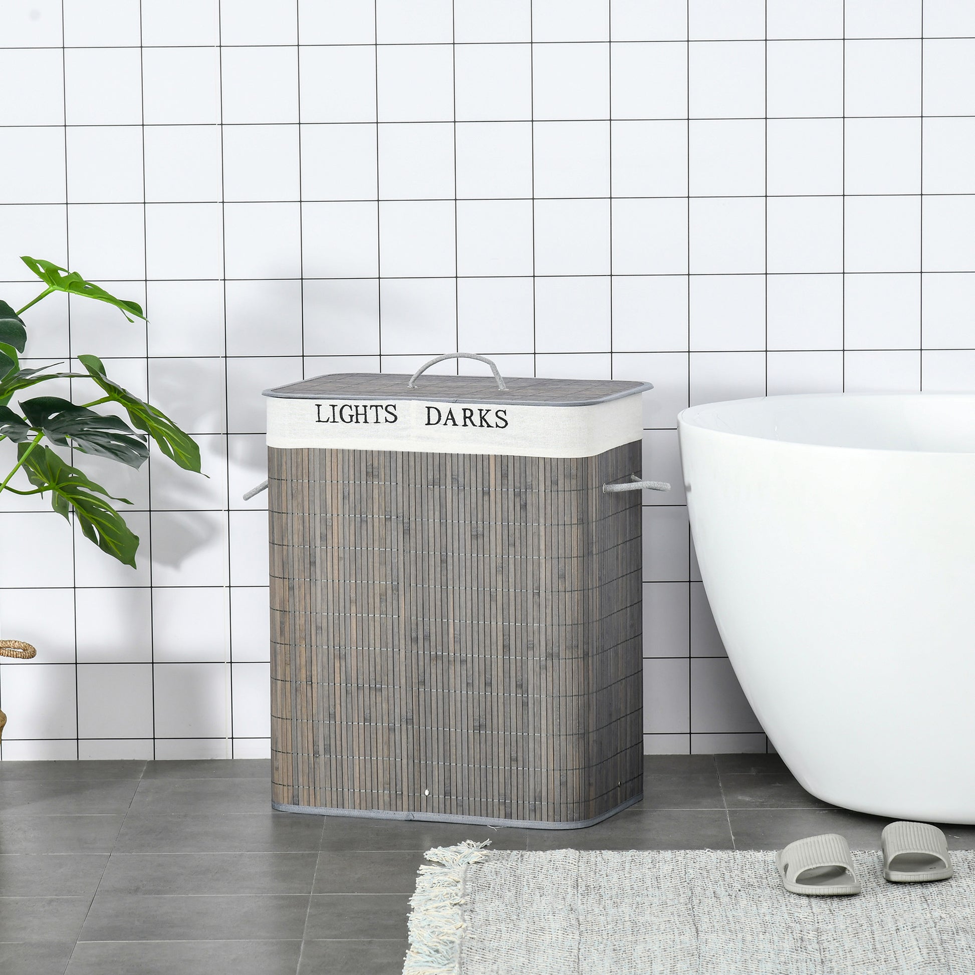 Bamboo Slim Laundry Basket with Lid 100L Laundry Collector with Handles, 2 Removable Laundry Bags, Laundry Baskets Laundry Box for Laundry Room, Bedroom, Bathroom Gray