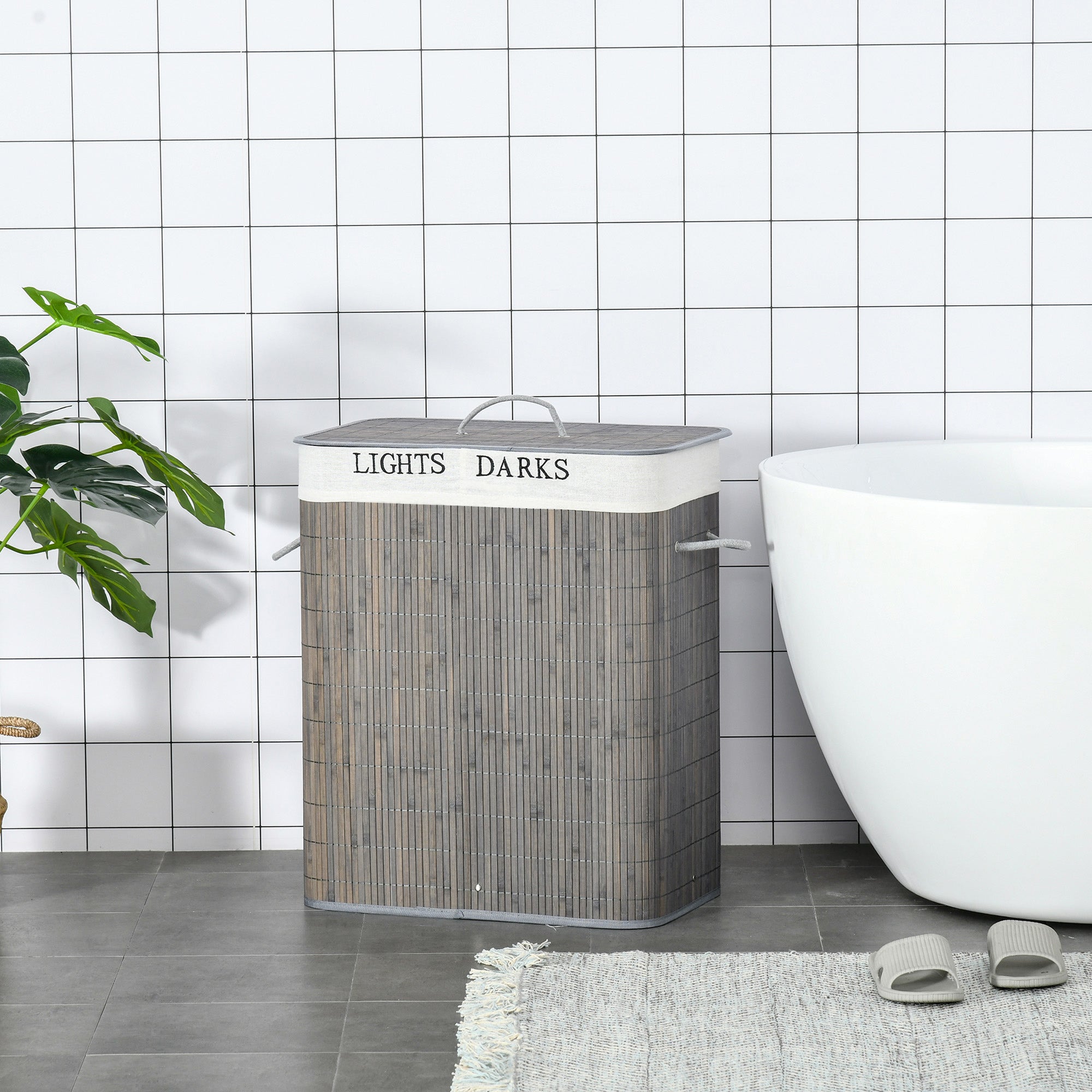 Bamboo Slim Laundry Basket with Lid 100L Laundry Collector with Handles, 2 Removable Laundry Bags, Laundry Baskets Laundry Box for Laundry Room, Bedroom, Bathroom Gray