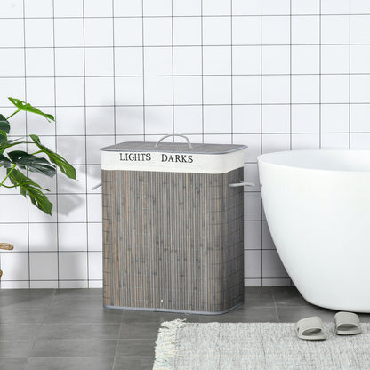 Bamboo Slim Laundry Basket with Lid 100L Laundry Collector with Handles, 2 Removable Laundry Bags, Laundry Baskets Laundry Box for Laundry Room, Bedroom, Bathroom Gray