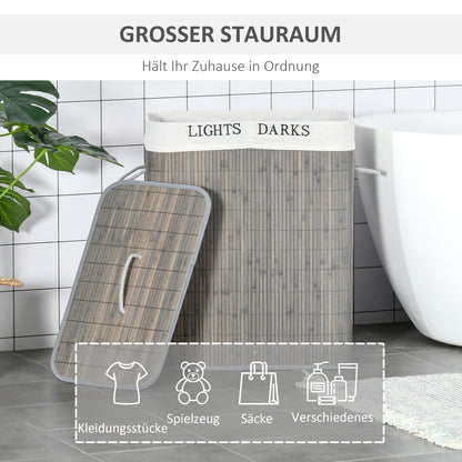Bamboo Slim Laundry Basket with Lid 100L Laundry Collector with Handles, 2 Removable Laundry Bags, Laundry Baskets Laundry Box for Laundry Room, Bedroom, Bathroom Gray