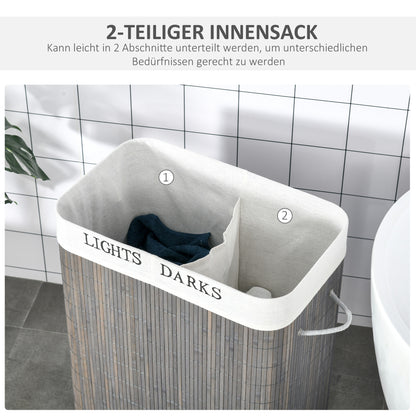 Bamboo Slim Laundry Basket with Lid 100L Laundry Collector with Handles, 2 Removable Laundry Bags, Laundry Baskets Laundry Box for Laundry Room, Bedroom, Bathroom Gray
