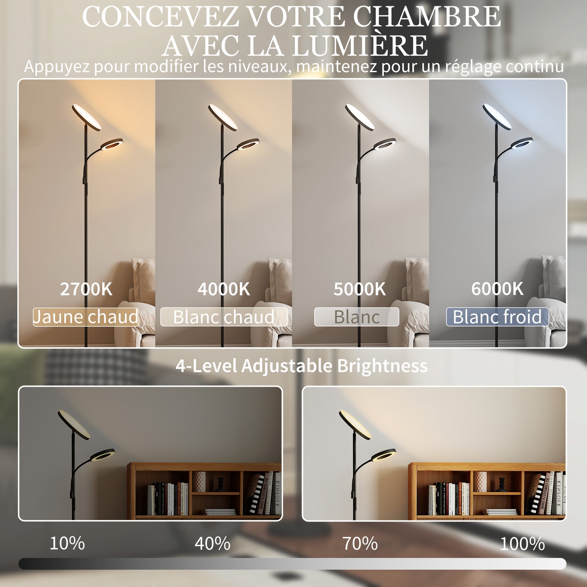 42W LED Floor Lamp dimmable 2700K-6500K floor lamps for living room with 4 colors continuous variation, 4 scene modes, remote and touch control, memory function, black