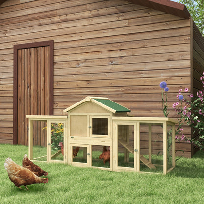 Chicken Coop 204 x 85 x 93 cm Chicken Run with Nesting Box Outdoor Run Chicken House made of Wood with Perches Waterproof Paint, for 2-4 Chickens Natural Wood