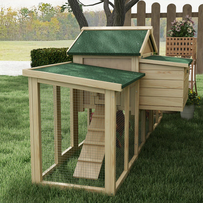 Chicken Coop 204 x 85 x 93 cm Chicken Run with Nesting Box Outdoor Run Chicken House made of Wood with Perches Waterproof Paint, for 2-4 Chickens Natural Wood