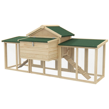 Chicken Coop 204 x 85 x 93 cm Chicken Run with Nesting Box Outdoor Run Chicken House made of Wood with Perches Waterproof Paint, for 2-4 Chickens Natural Wood