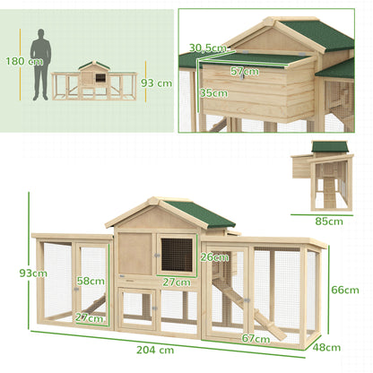 Chicken Coop 204 x 85 x 93 cm Chicken Run with Nesting Box Outdoor Run Chicken House made of Wood with Perches Waterproof Paint, for 2-4 Chickens Natural Wood