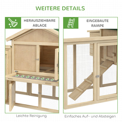 Chicken Coop 204 x 85 x 93 cm Chicken Run with Nesting Box Outdoor Run Chicken House made of Wood with Perches Waterproof Paint, for 2-4 Chickens Natural Wood