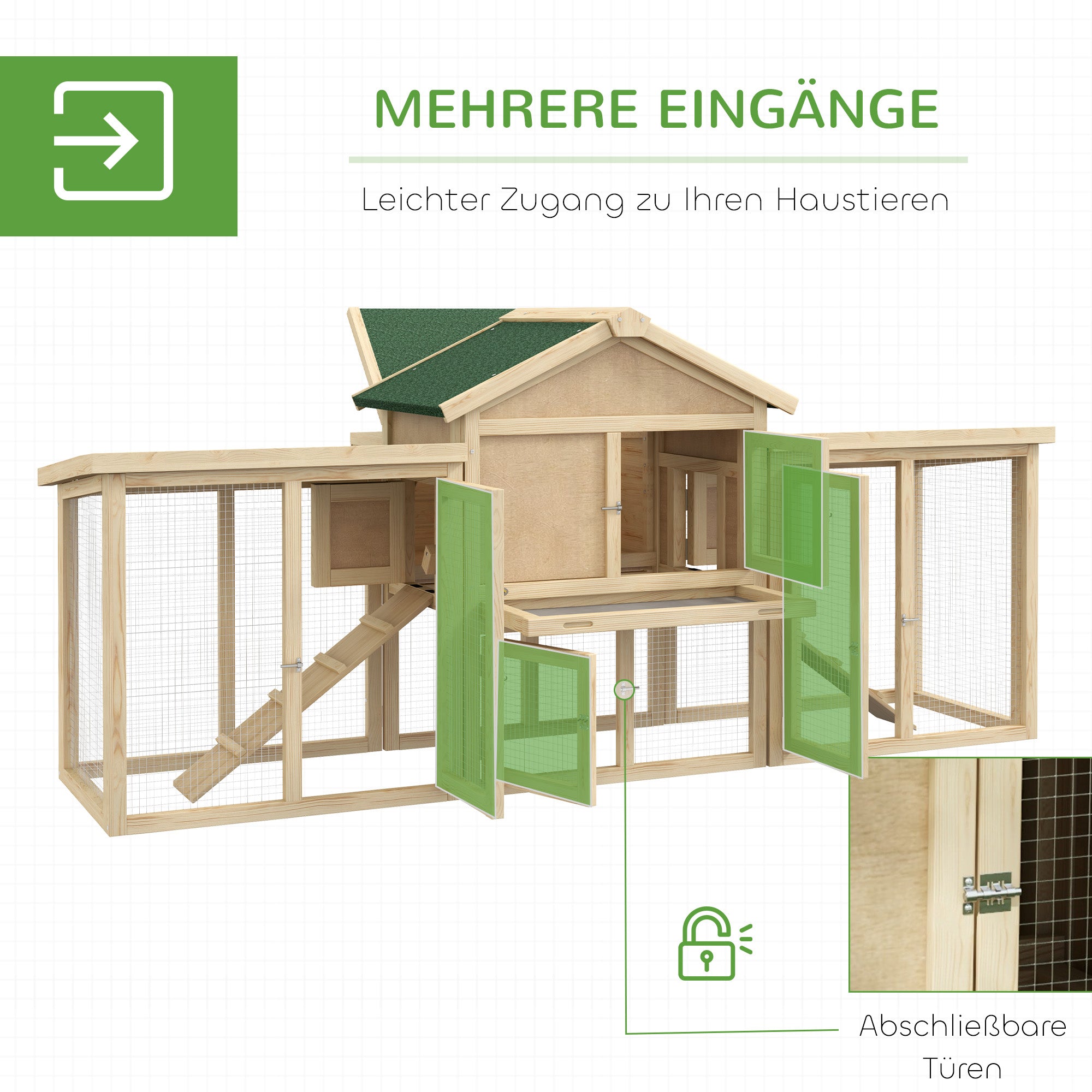Chicken Coop 204 x 85 x 93 cm Chicken Run with Nesting Box Outdoor Run Chicken House made of Wood with Perches Waterproof Paint, for 2-4 Chickens Natural Wood