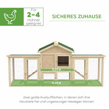 Chicken Coop 204 x 85 x 93 cm Chicken Run with Nesting Box Outdoor Run Chicken House made of Wood with Perches Waterproof Paint, for 2-4 Chickens Natural Wood
