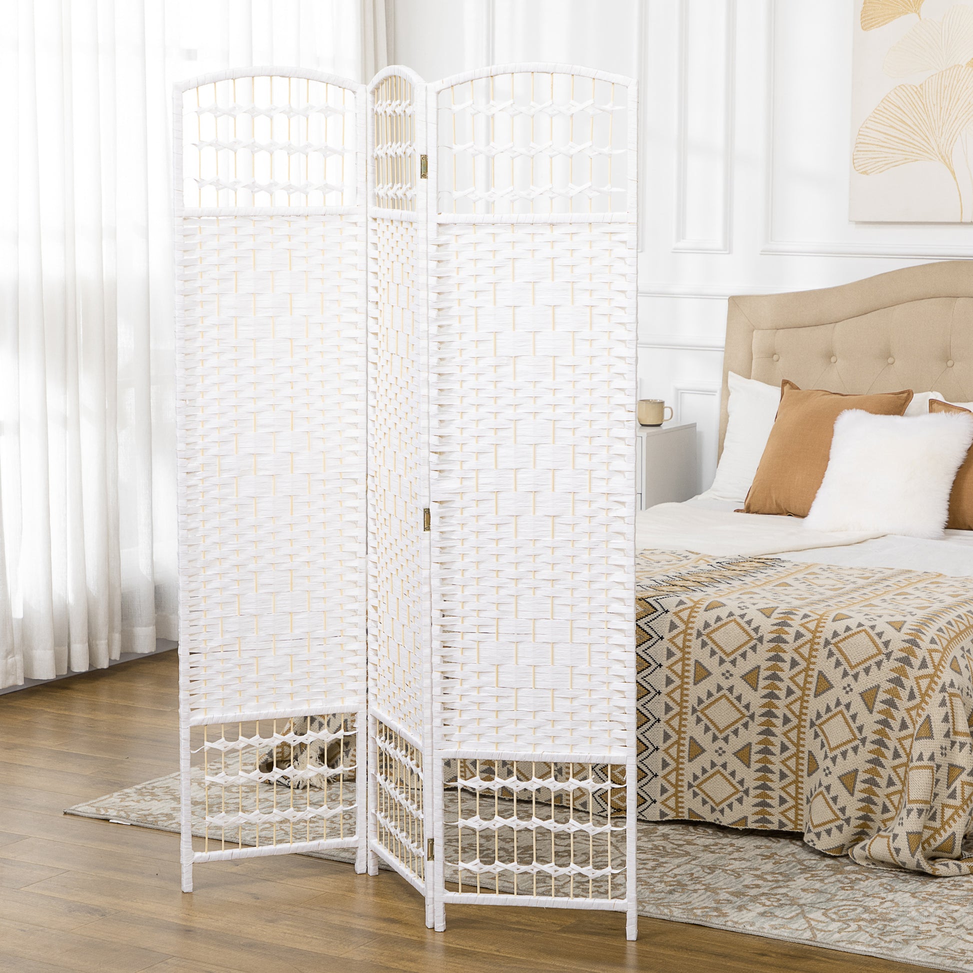 3-Panel Room Divider Screen 120x170 cm Folding Room Partition with Paper Rope and Wood Frame Decoration for Bedroom Living Room White