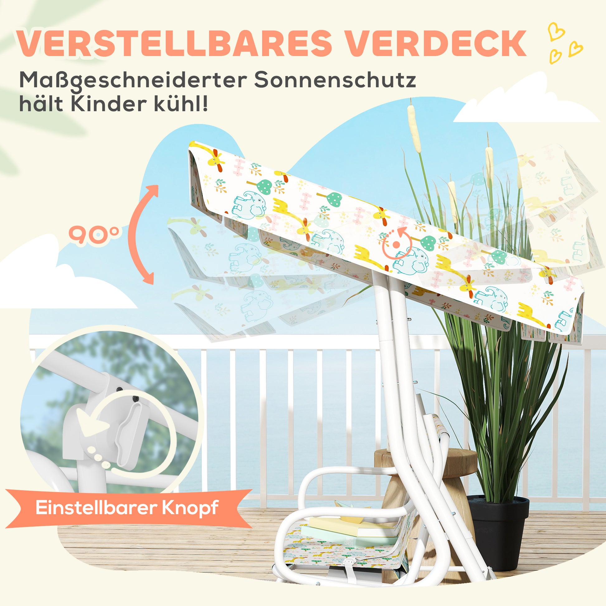 Children's Hollywood Swing 2-Seater Kids Swing with Adjustable Sun Canopy, Safety Belt Garden Swing for 3-6 Year Olds White 110 x 74 x 113 cm