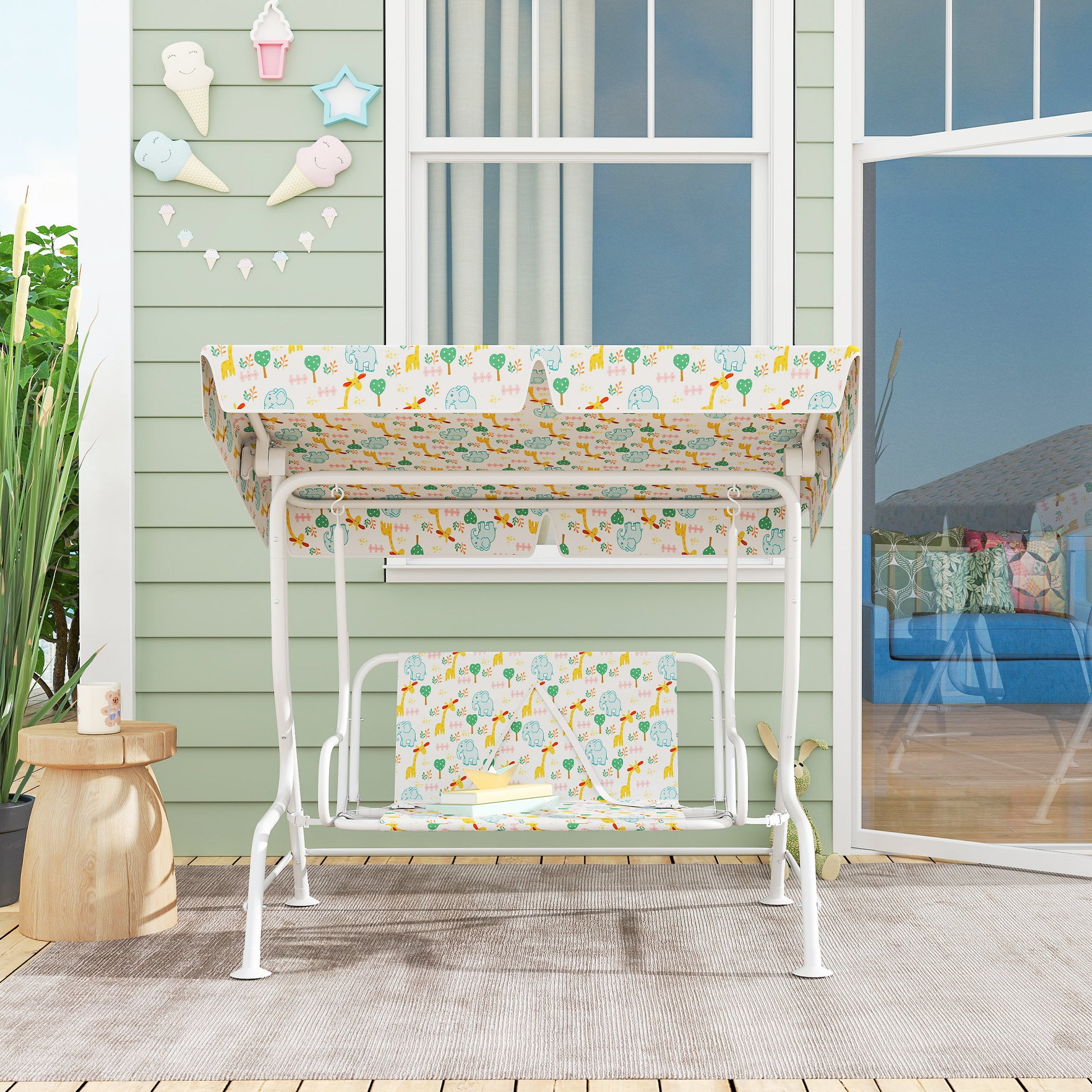 Children's Hollywood Swing 2-Seater Kids Swing with Adjustable Sun Canopy, Safety Belt Garden Swing for 3-6 Year Olds White 110 x 74 x 113 cm